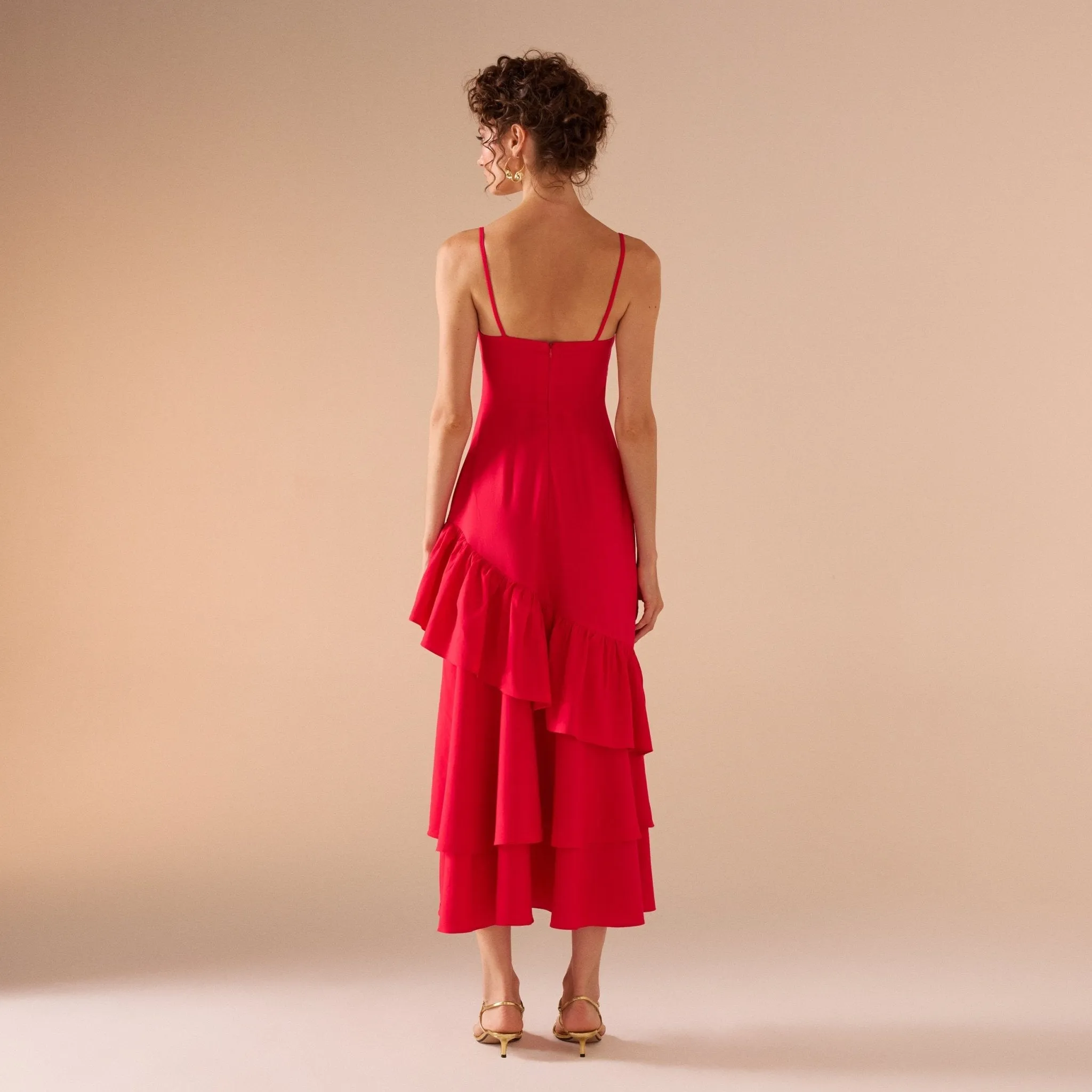 Red Linen Dress With Ruffled Skirt