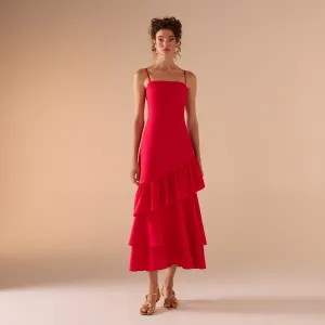 Red Linen Dress With Ruffled Skirt