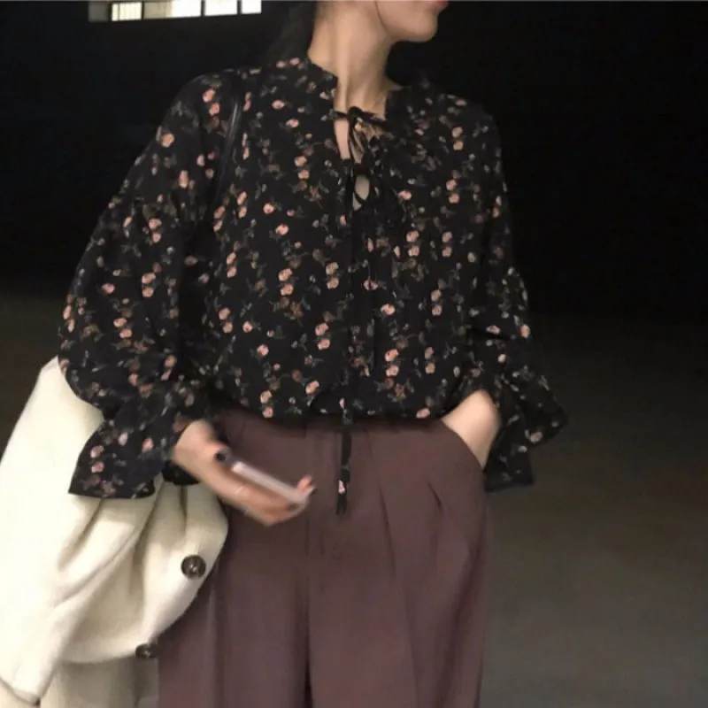 Retro Florals Puff Sleeve Chiffon Blouse Shirt
