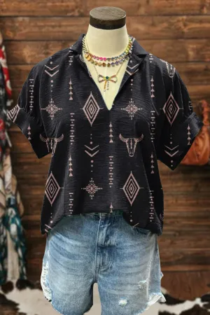 Retro Western Aztec Print Puff Sleeve Blouse