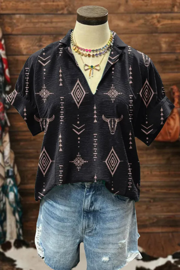 Retro Western Aztec Print Puff Sleeve Blouse