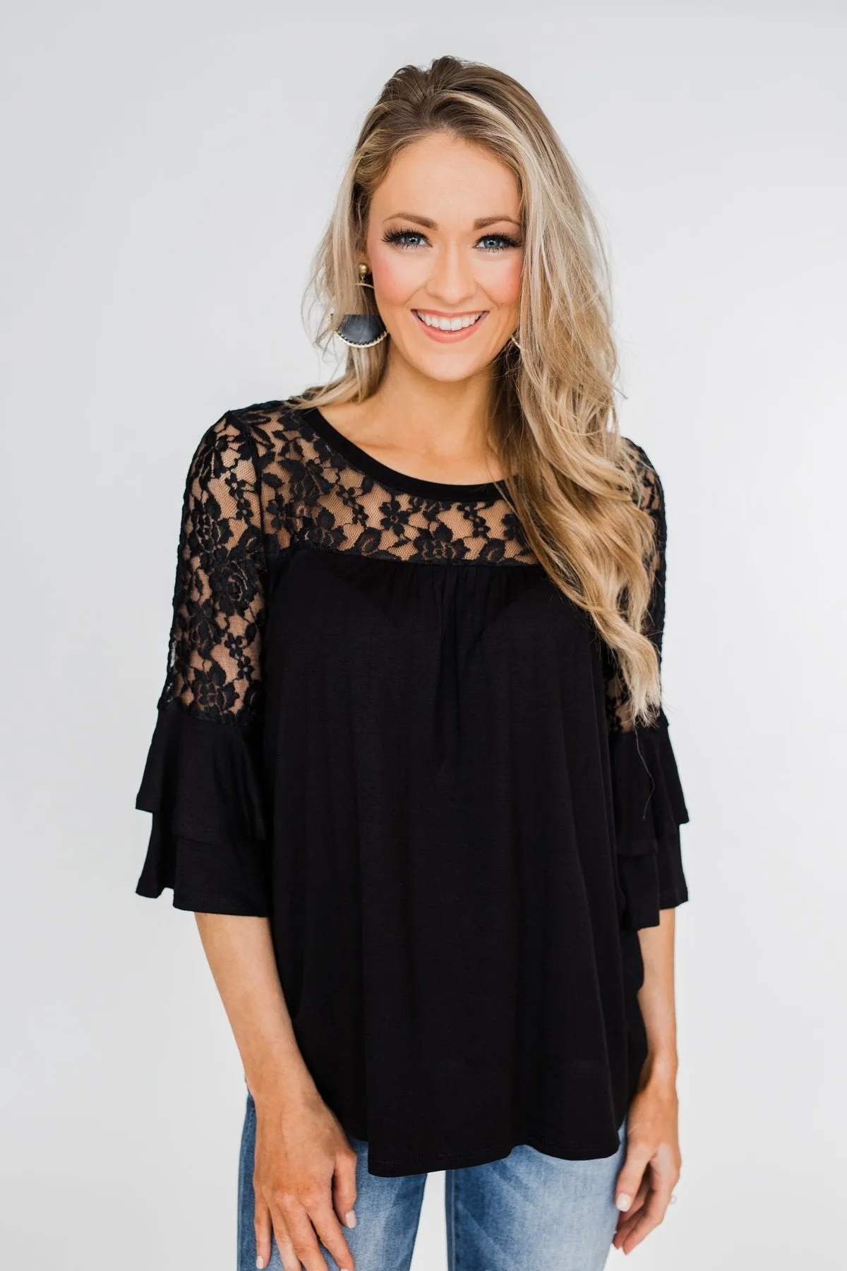 Right Beside Me Lace & Ruffles Top- Black