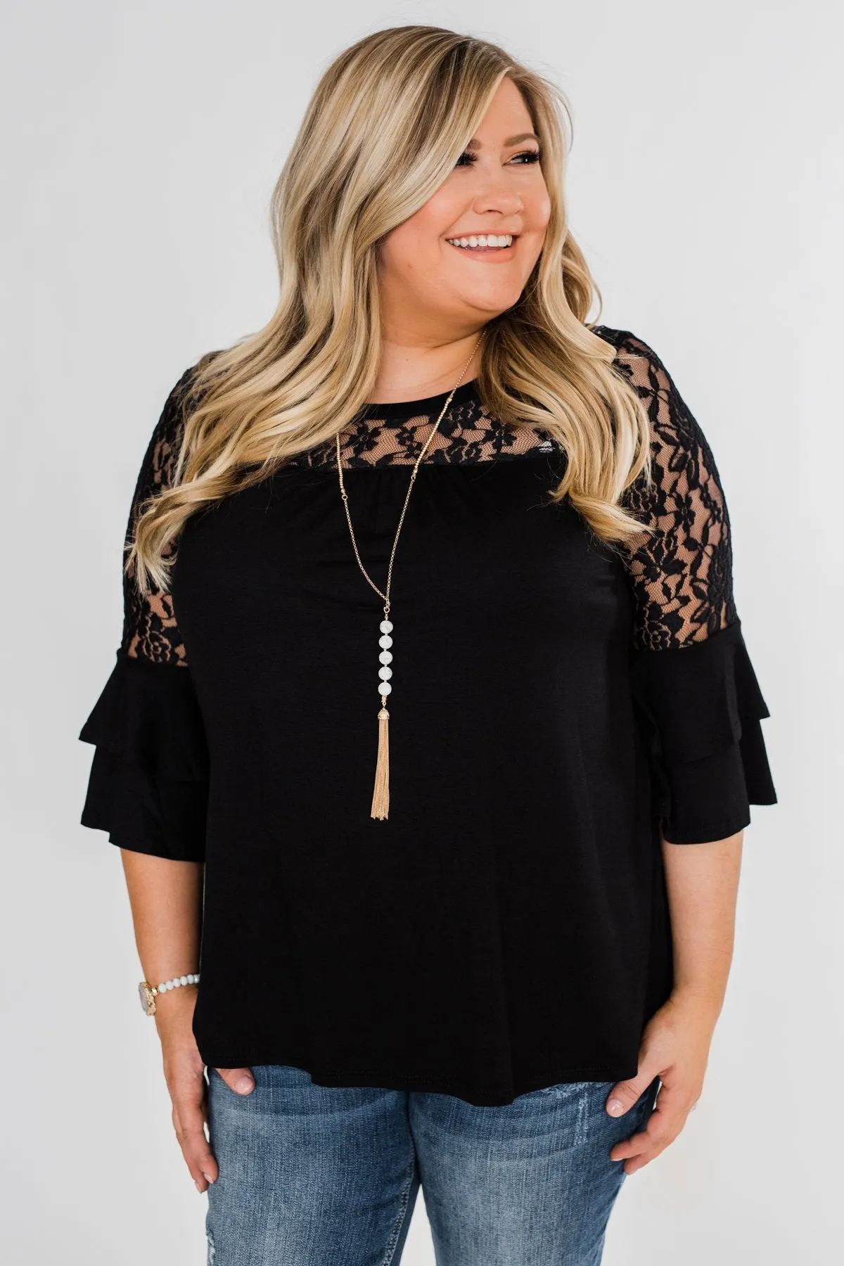 Right Beside Me Lace & Ruffles Top- Black