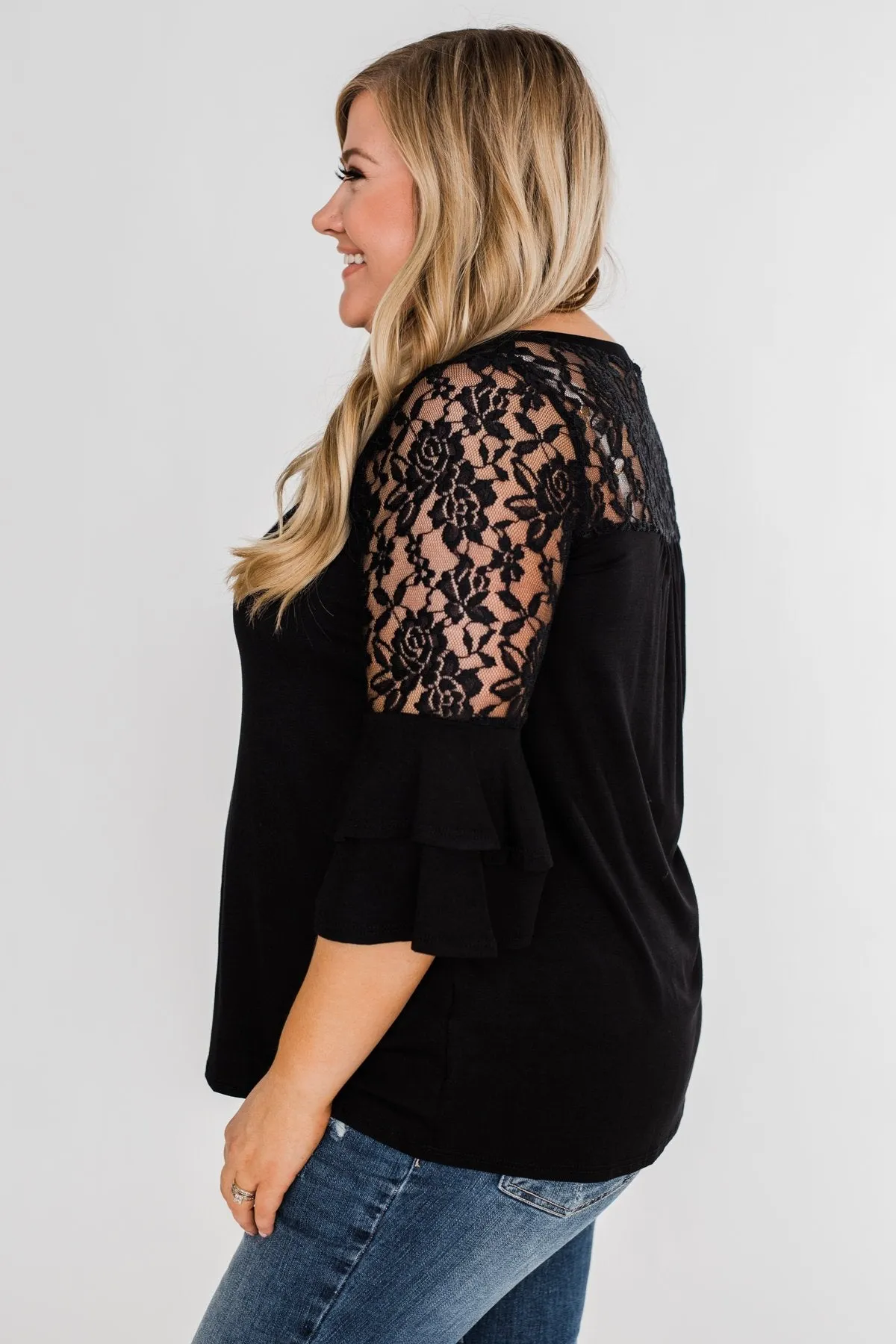 Right Beside Me Lace & Ruffles Top- Black