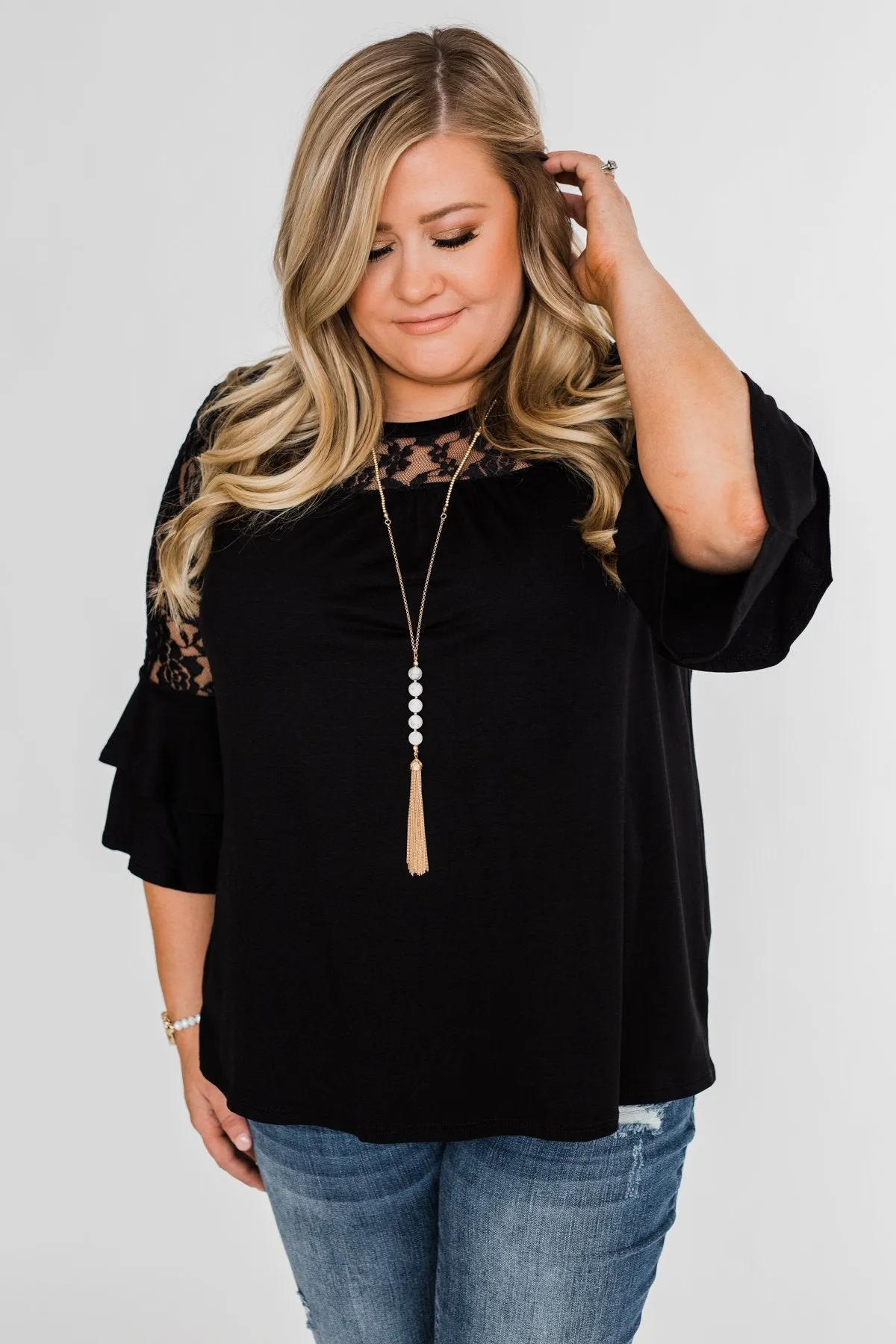 Right Beside Me Lace & Ruffles Top- Black