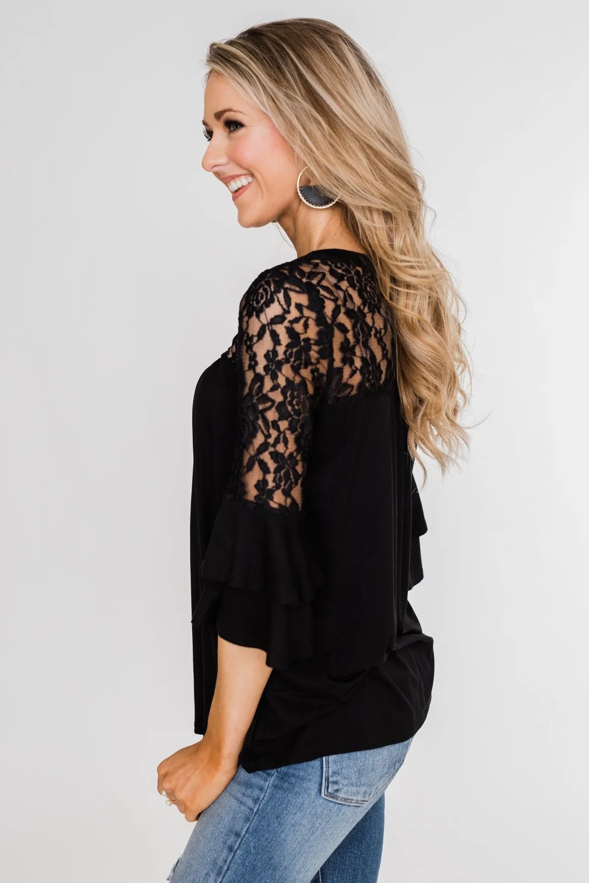 Right Beside Me Lace & Ruffles Top- Black