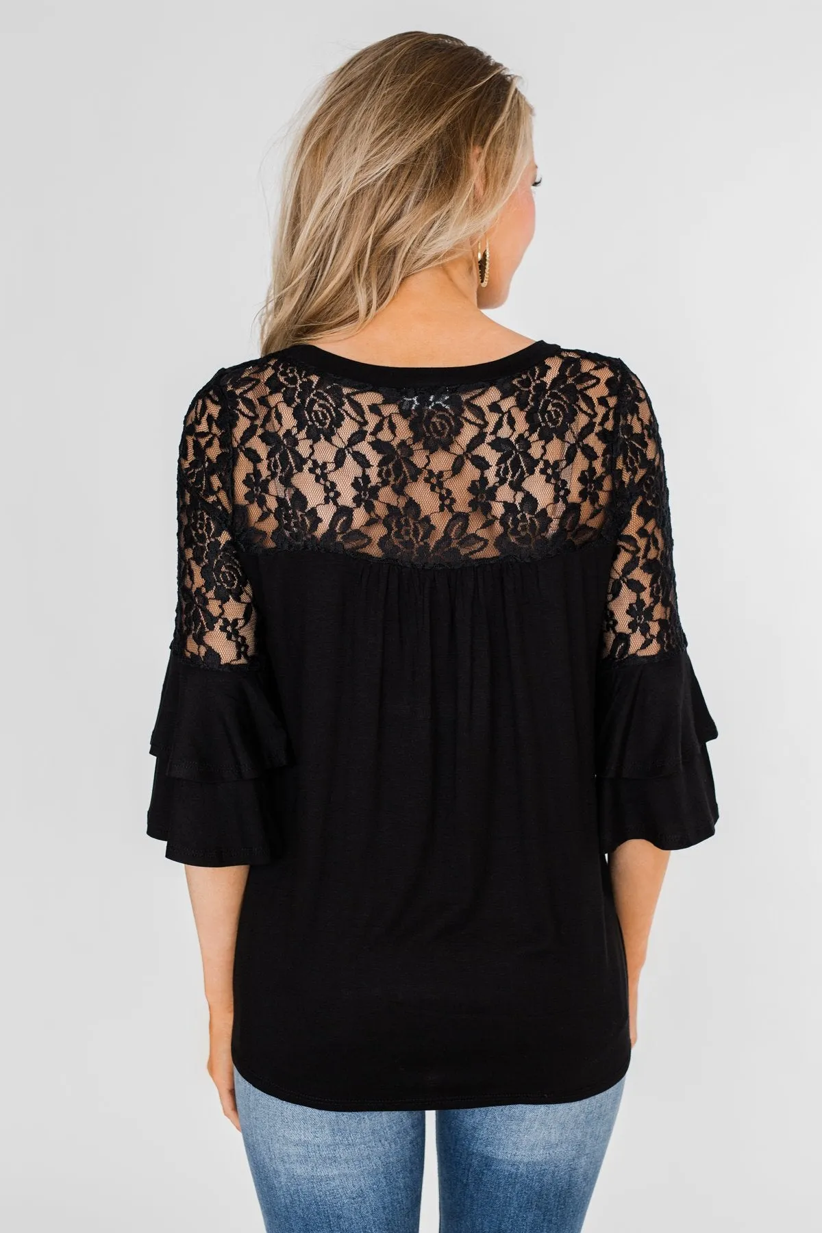 Right Beside Me Lace & Ruffles Top- Black