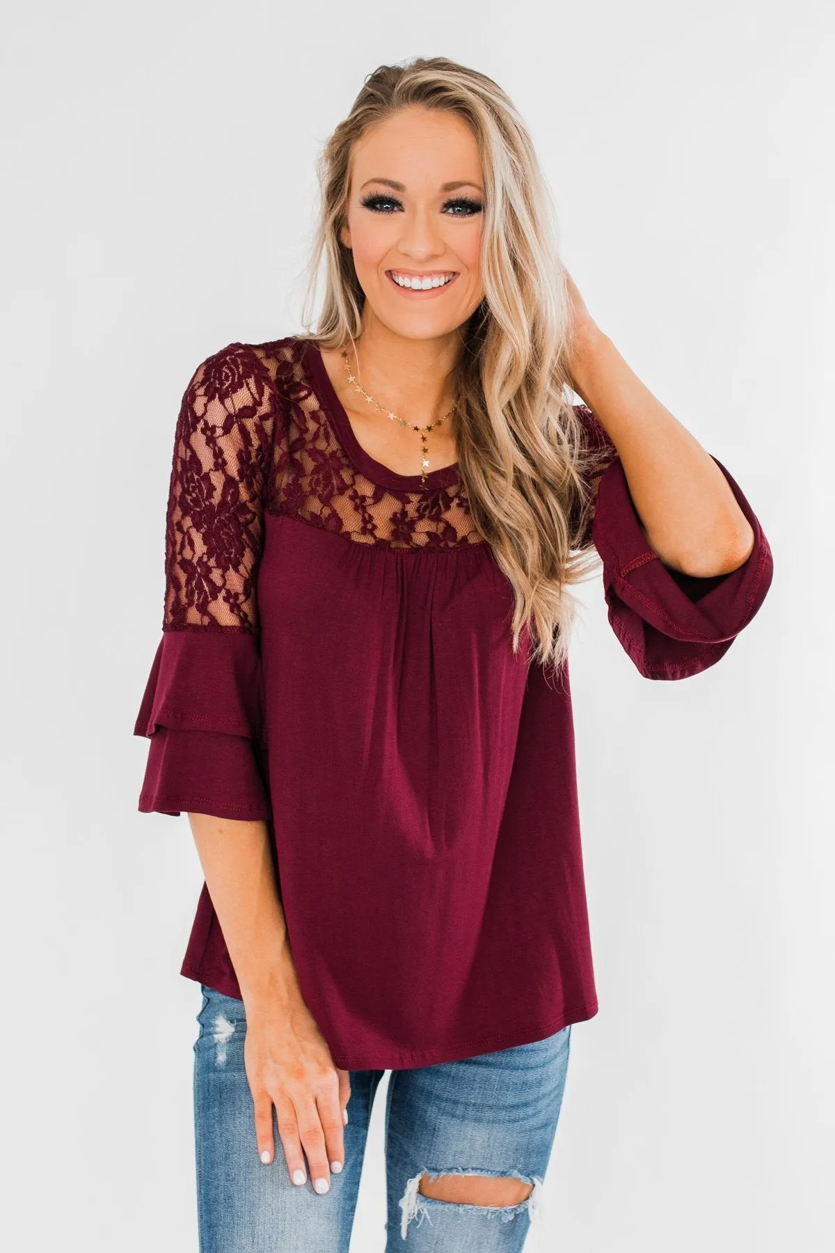 Right Beside Me Lace & Ruffles Top- Burgundy