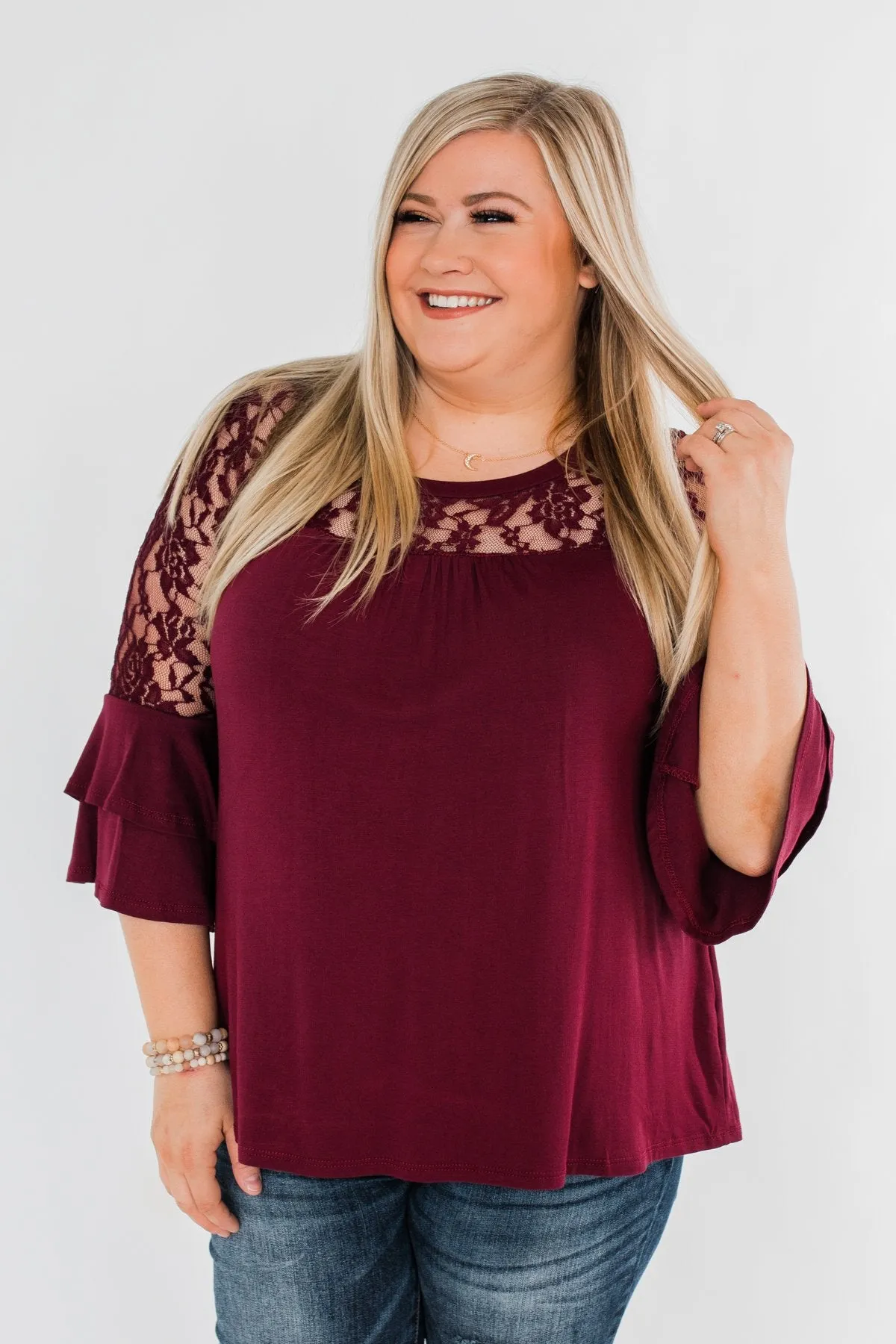 Right Beside Me Lace & Ruffles Top- Burgundy