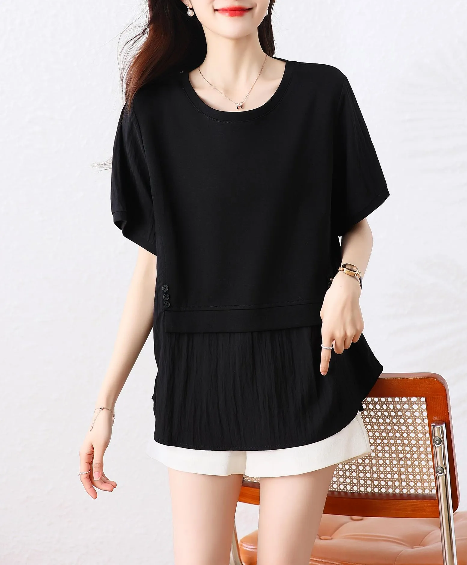 Round Neck Patchwork Chiffon Blouse for Women