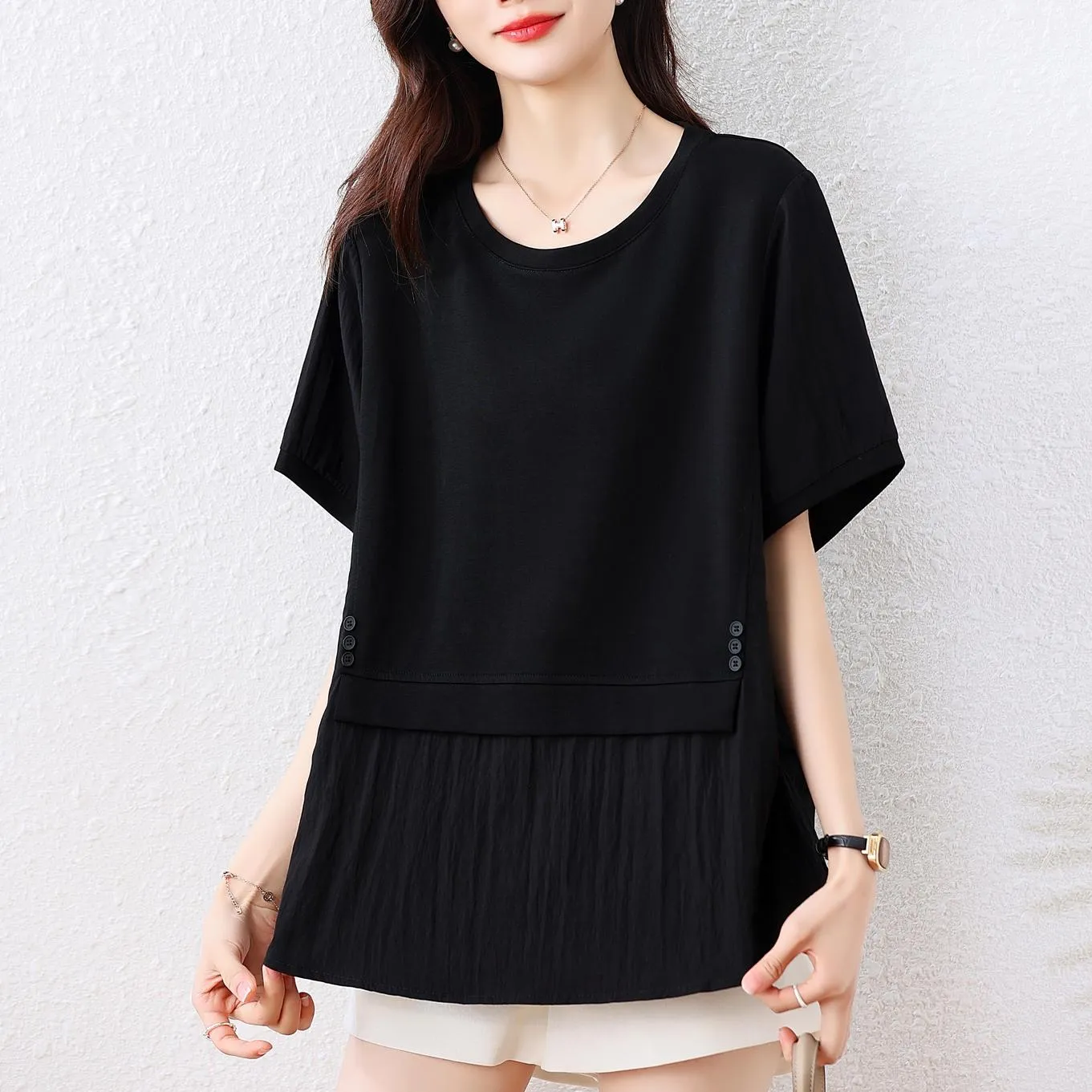 Round Neck Patchwork Chiffon Blouse for Women