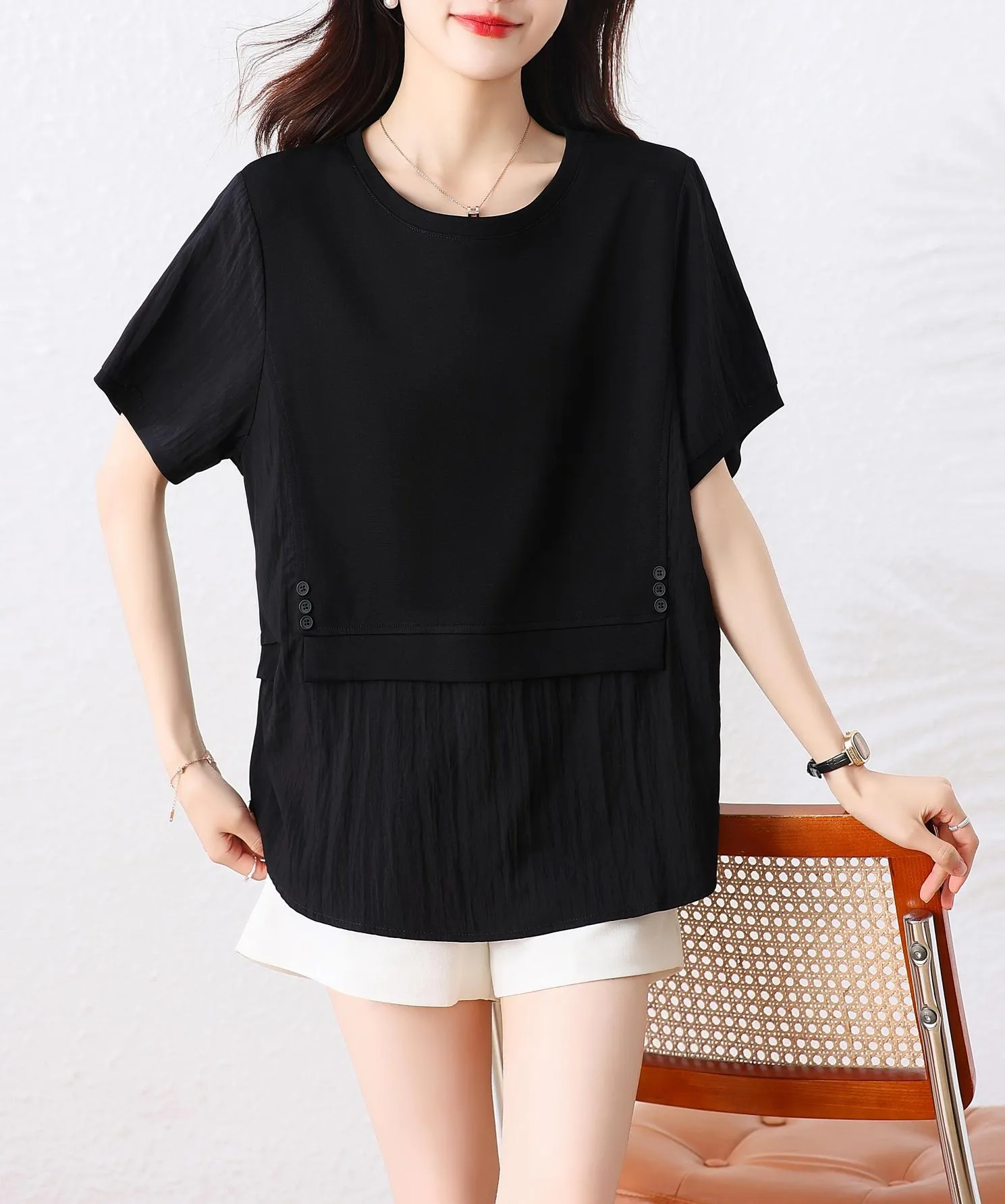 Round Neck Patchwork Chiffon Blouse for Women