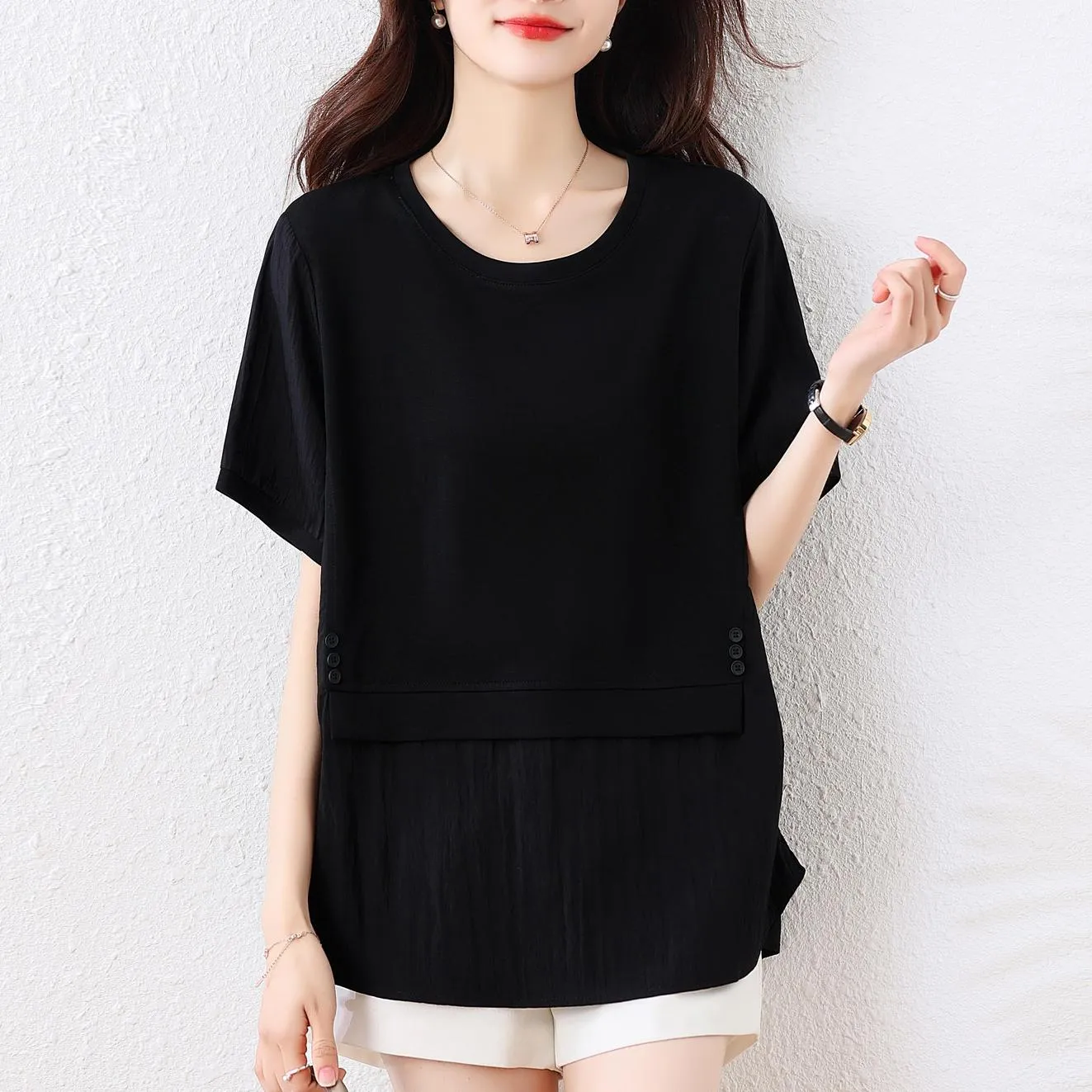 Round Neck Patchwork Chiffon Blouse for Women