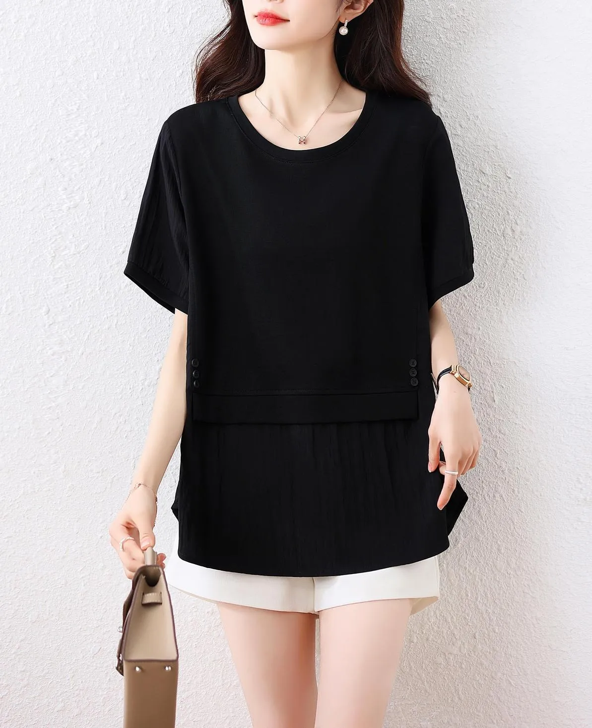 Round Neck Patchwork Chiffon Blouse for Women