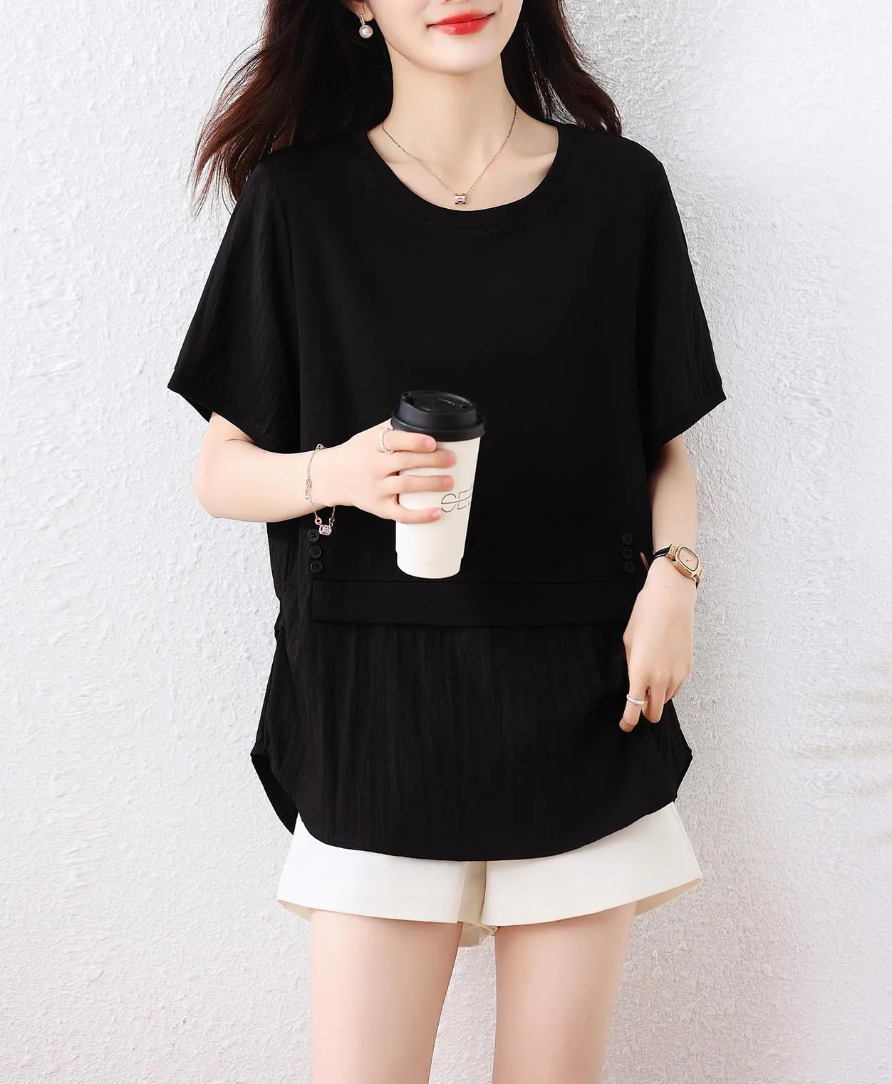 Round Neck Patchwork Chiffon Blouse for Women