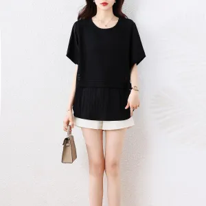 Round Neck Patchwork Chiffon Blouse for Women