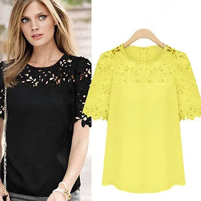 Round Neck Women Hollow Out Patchwork Lace Blouses Short Sleeve Shirts Women Blouse