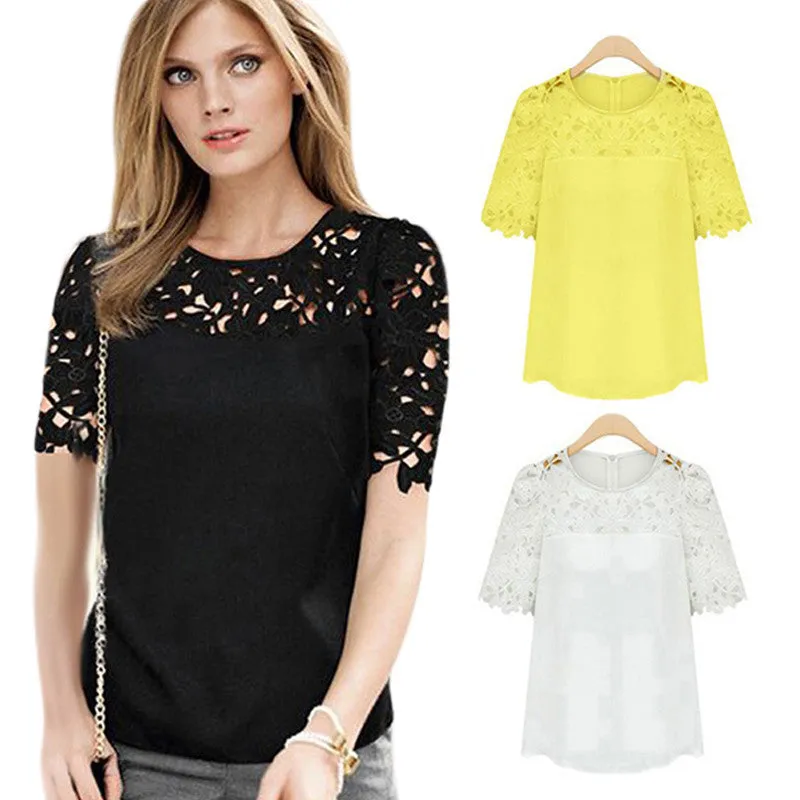 Round Neck Women Hollow Out Patchwork Lace Blouses Short Sleeve Shirts Women Blouse