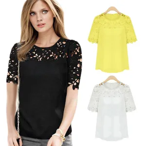 Round Neck Women Hollow Out Patchwork Lace Blouses Short Sleeve Shirts Women Blouse