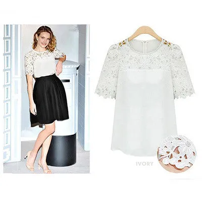 Round Neck Women Hollow Out Patchwork Lace Blouses Short Sleeve Shirts Women Blouse