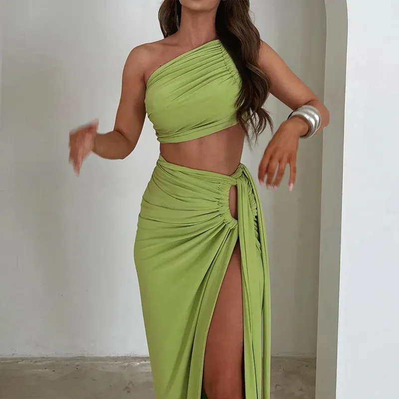 Ruched High Rise Dress Sets Asymmetric Bandage 2 Piece in Sets