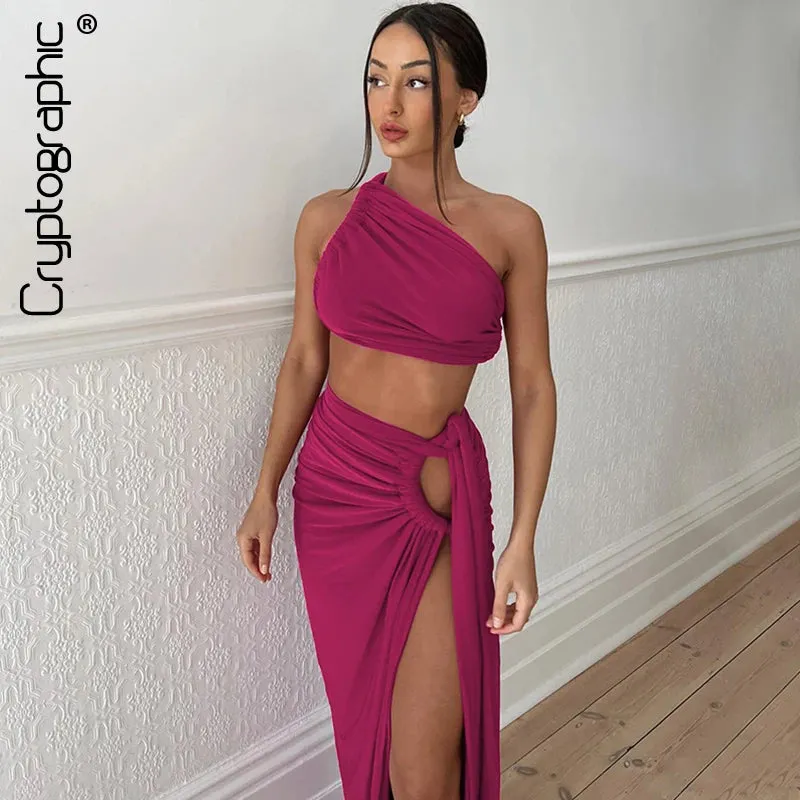 Ruched High Rise Dress Sets Asymmetric Bandage 2 Piece in Sets