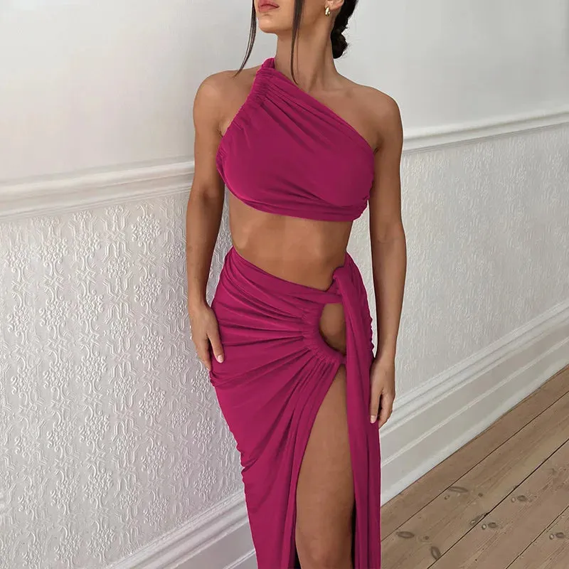 Ruched High Rise Dress Sets Asymmetric Bandage 2 Piece in Sets