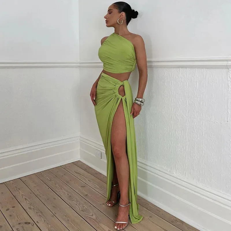 Ruched High Rise Dress Sets Asymmetric Bandage 2 Piece in Sets