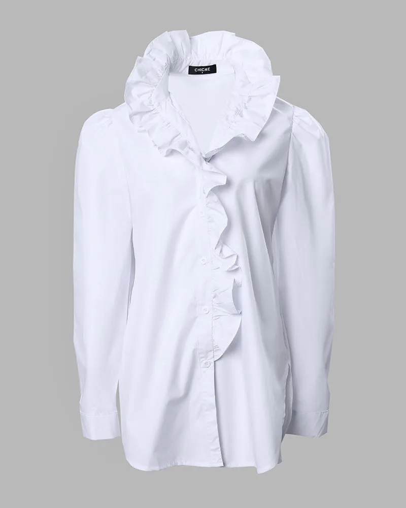 Ruffle Hem Puff Sleeve Buttoned Top
