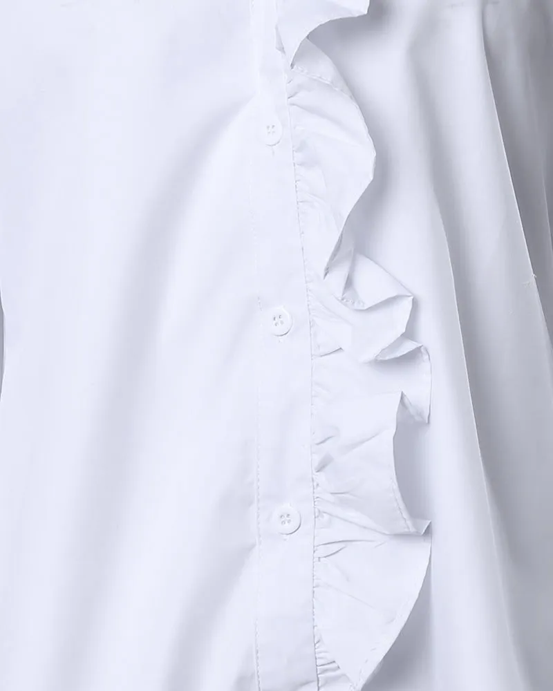 Ruffle Hem Puff Sleeve Buttoned Top