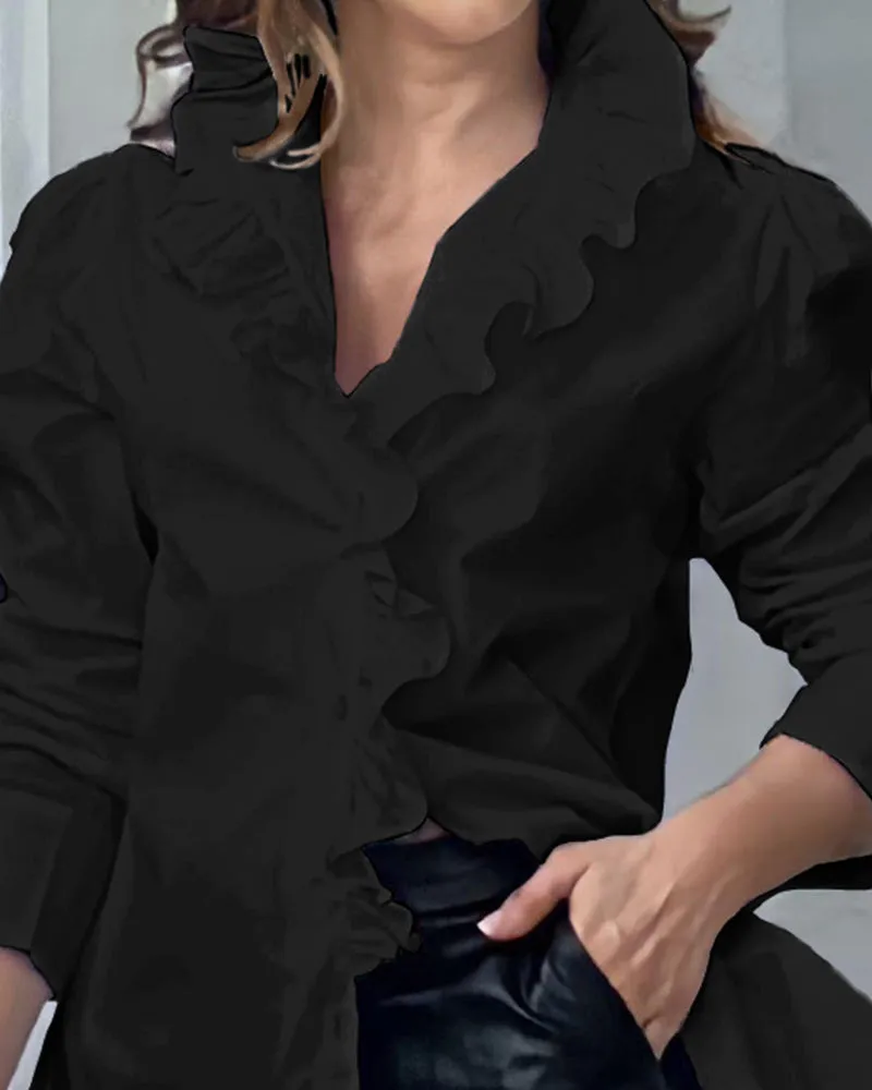 Ruffle Hem Puff Sleeve Buttoned Top