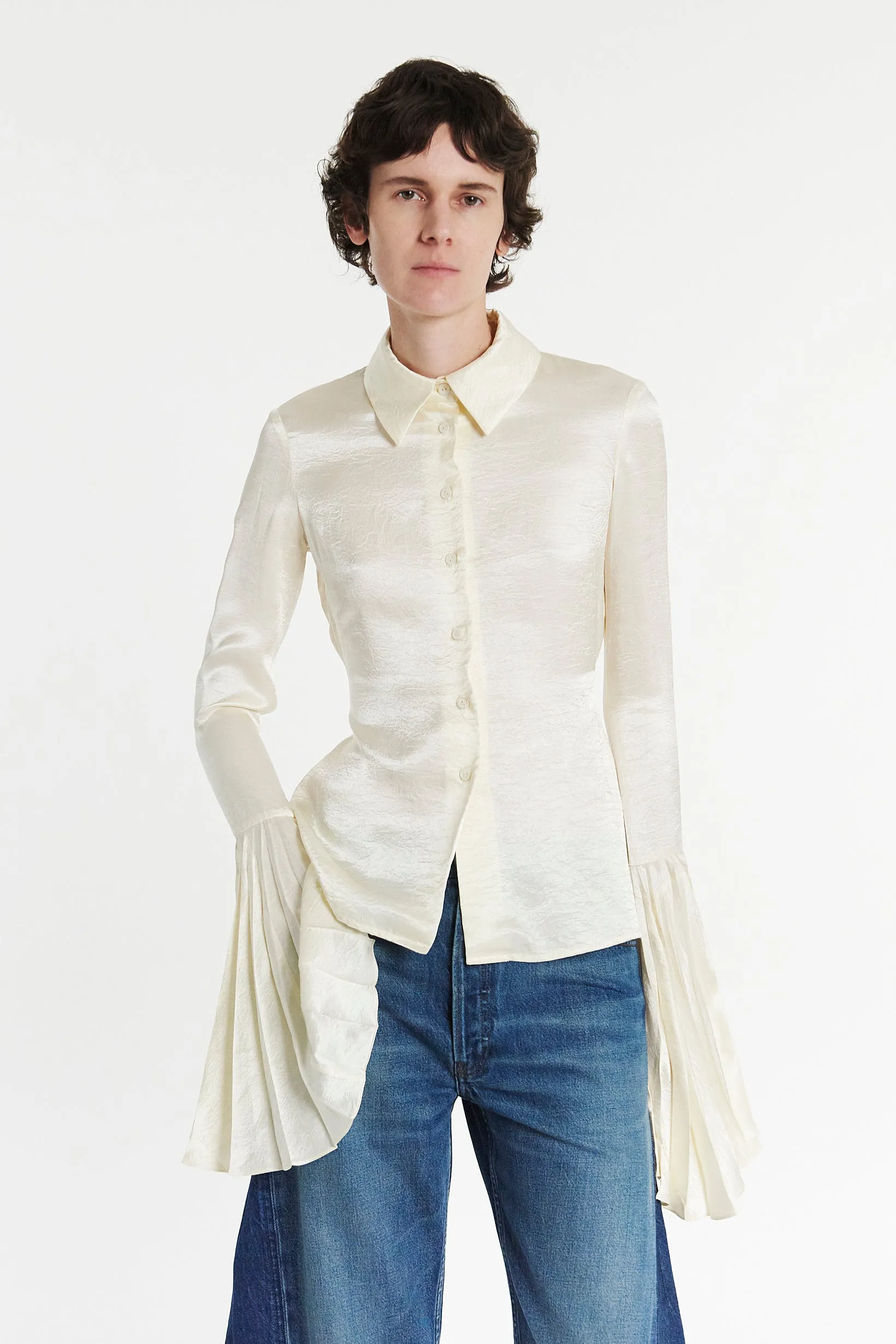 Satin Shirt With Pleated Bell Sleeves Ivory
