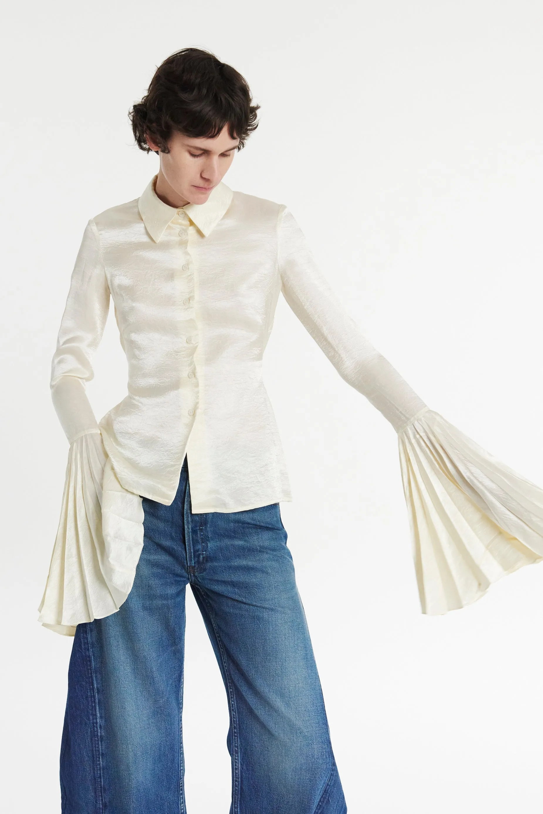 Satin Shirt With Pleated Bell Sleeves Ivory