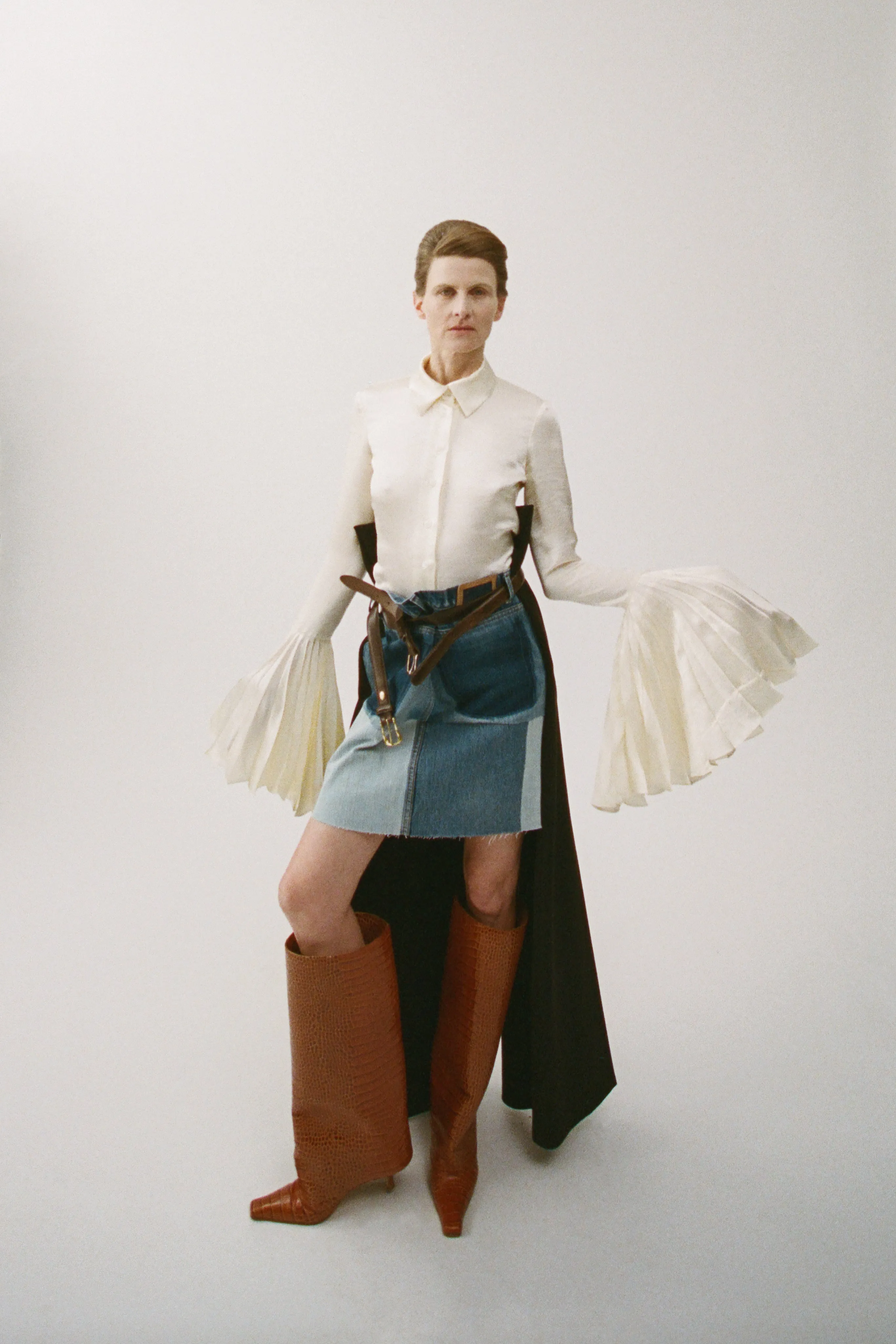 Satin Shirt With Pleated Bell Sleeves Ivory