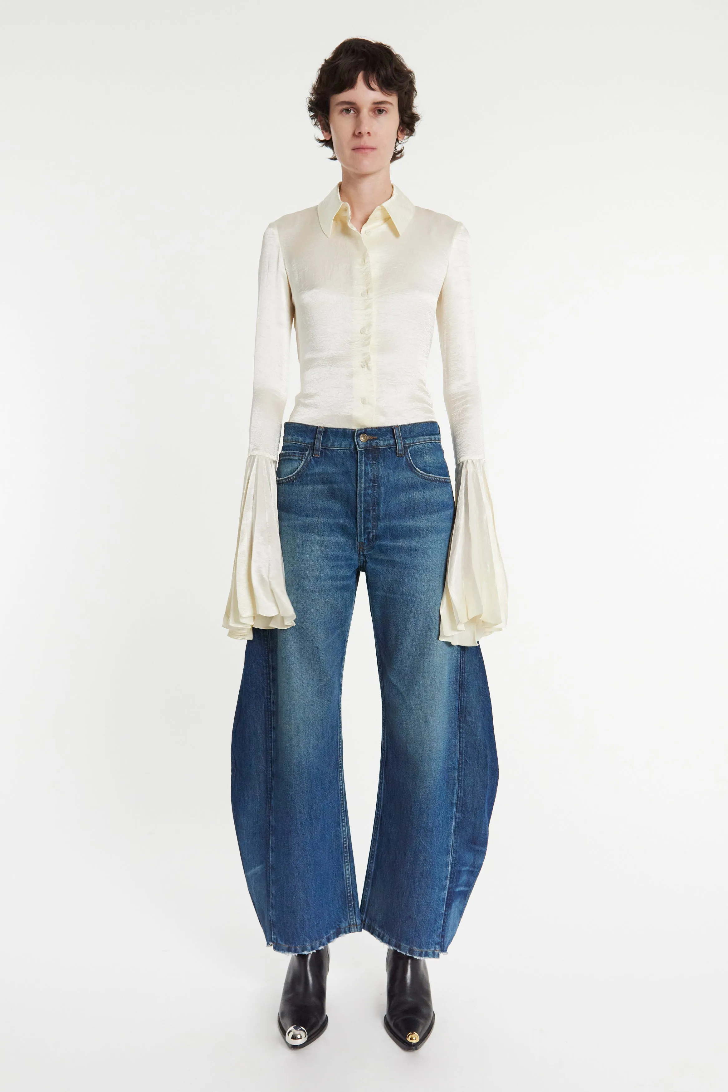 Satin Shirt With Pleated Bell Sleeves Ivory