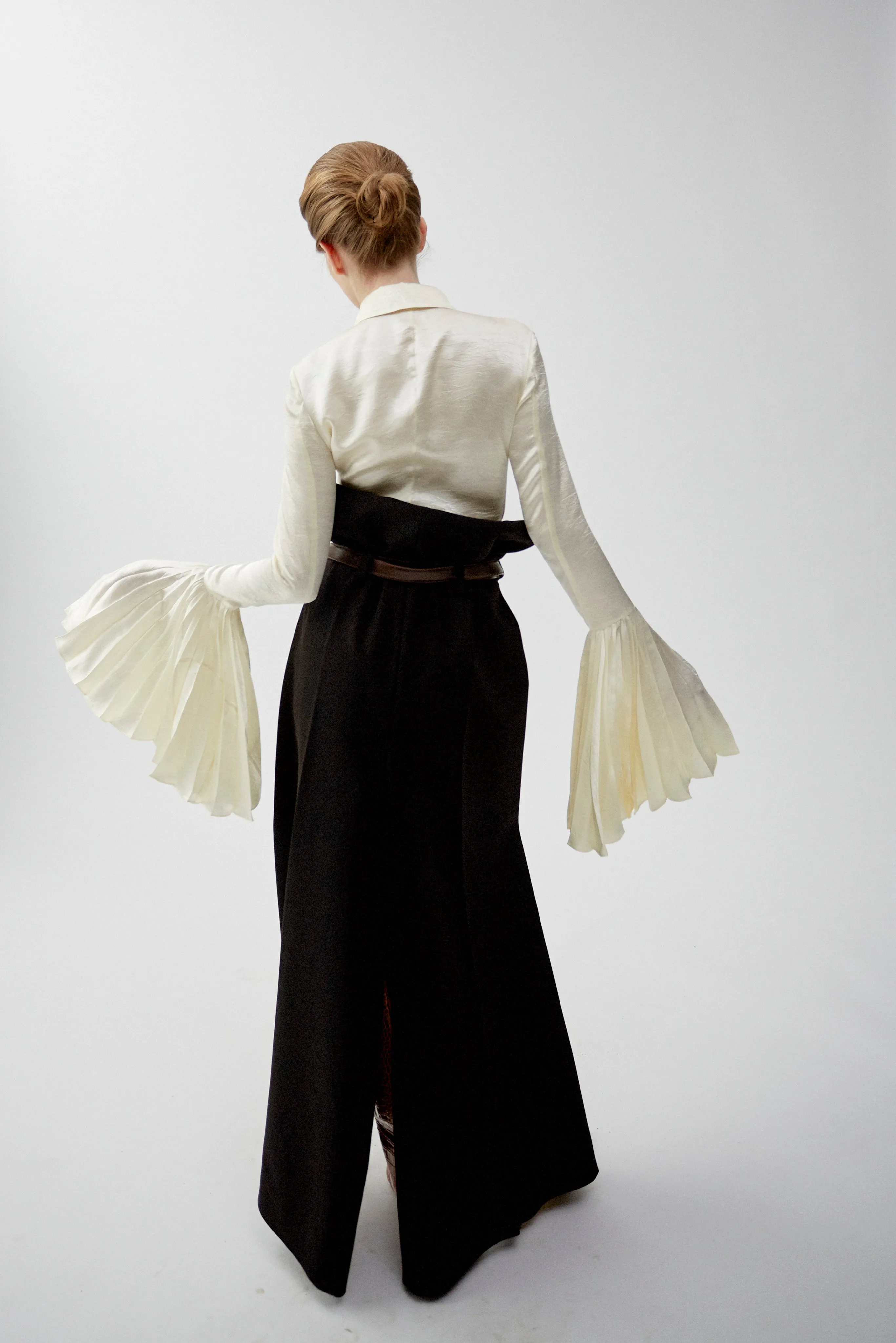 Satin Shirt With Pleated Bell Sleeves Ivory