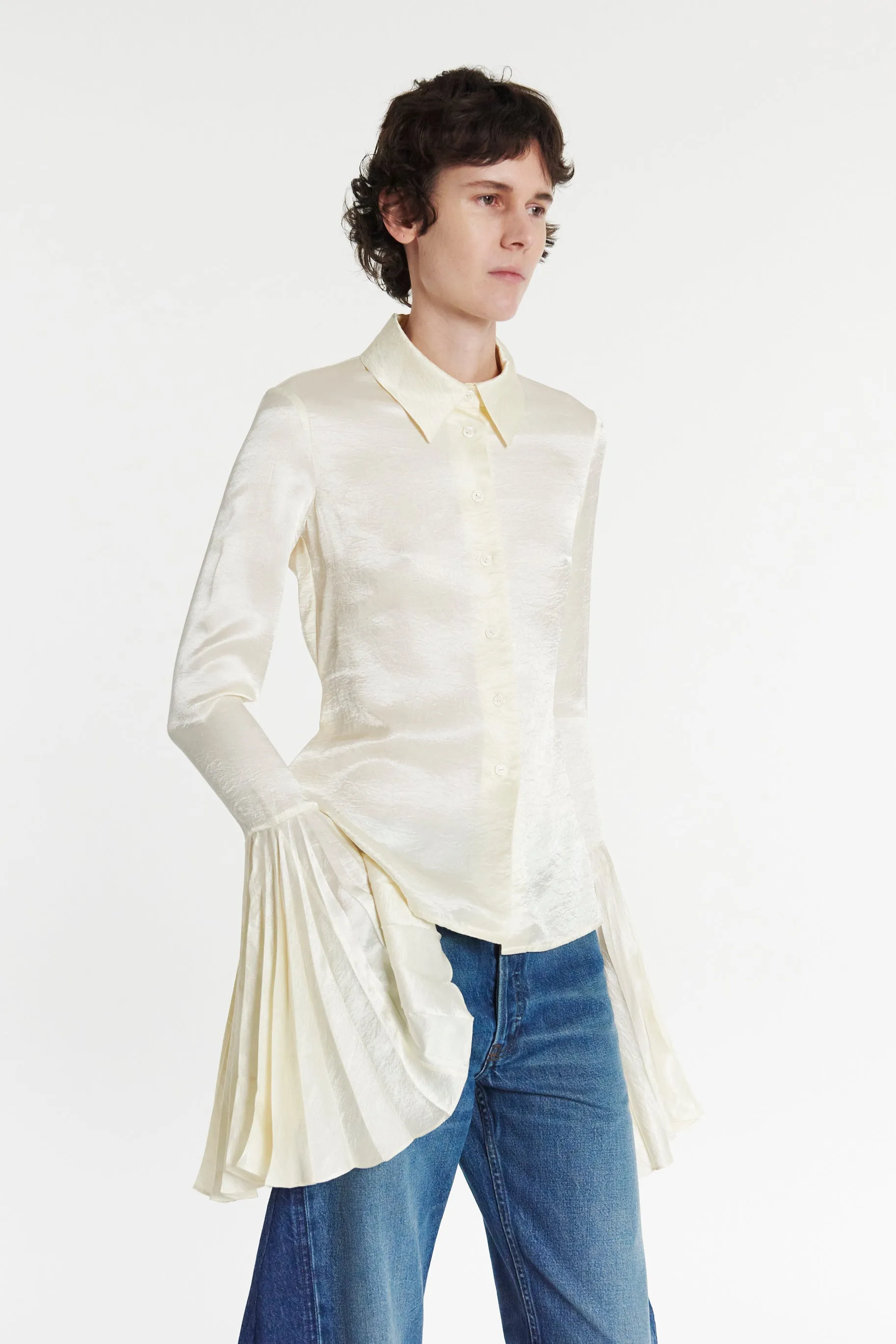 Satin Shirt With Pleated Bell Sleeves Ivory