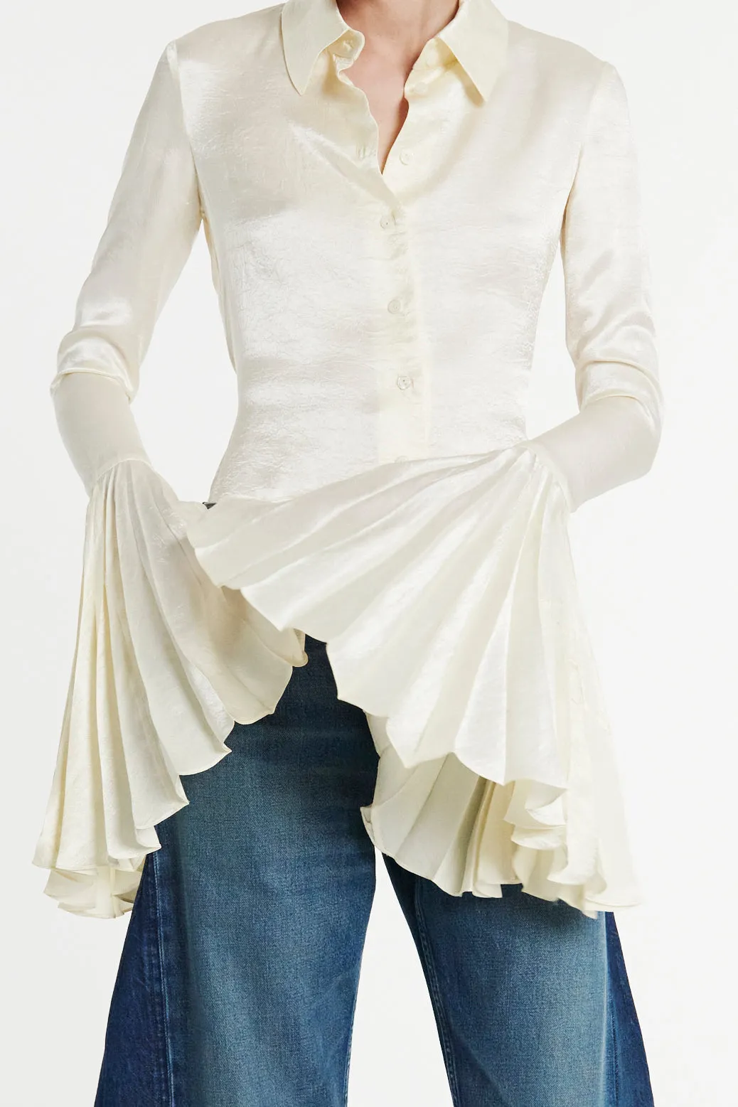 Satin Shirt With Pleated Bell Sleeves Ivory