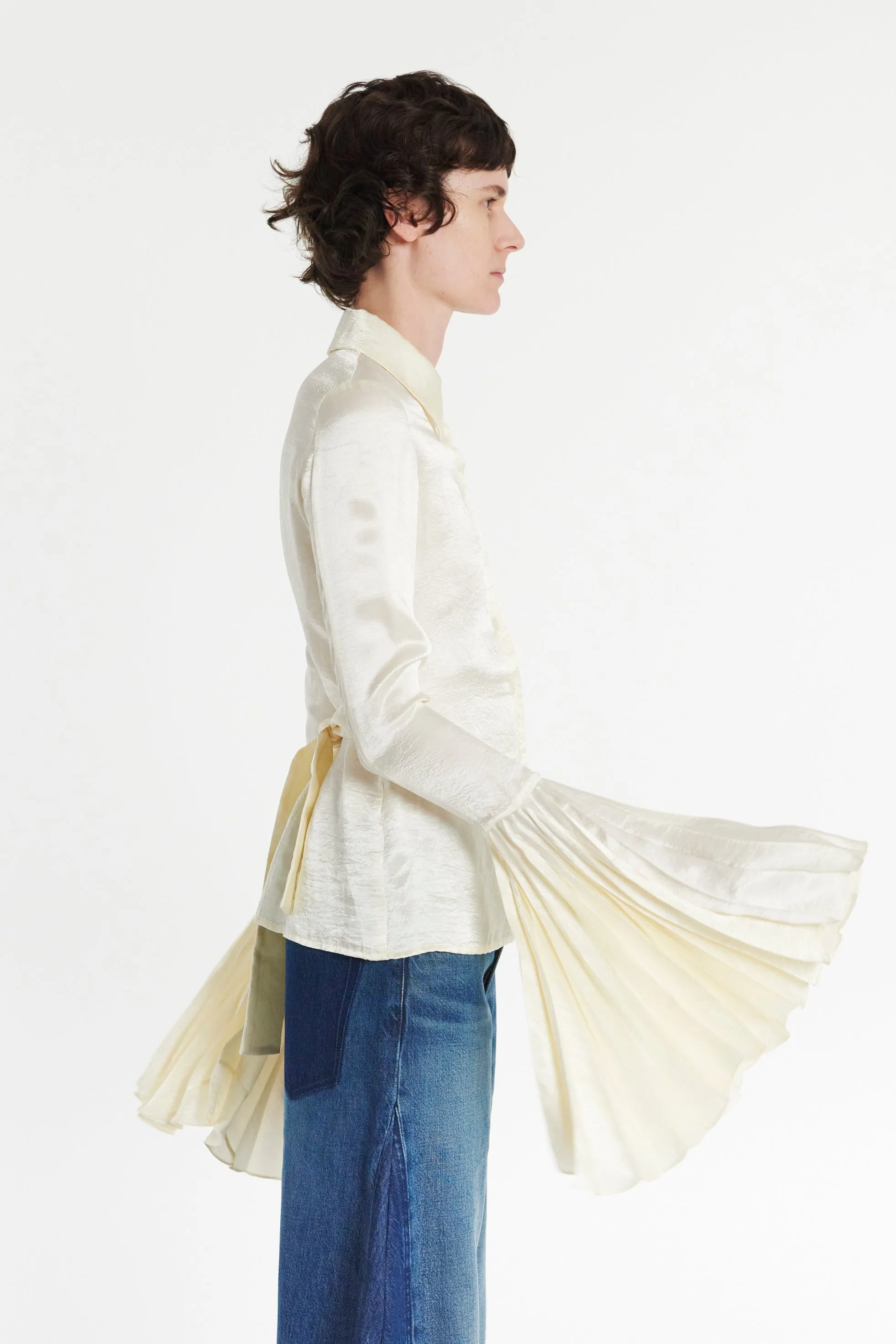 Satin Shirt With Pleated Bell Sleeves Ivory