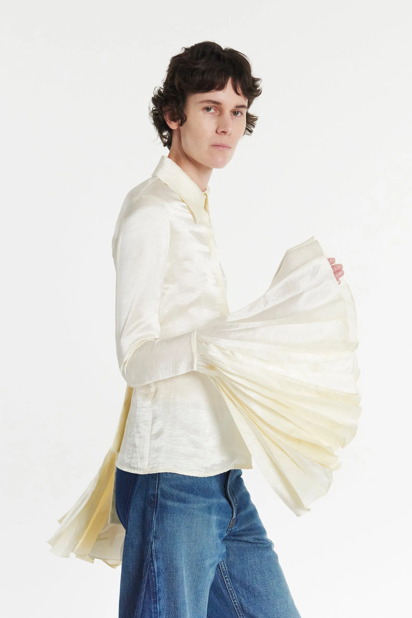 Satin Shirt With Pleated Bell Sleeves Ivory