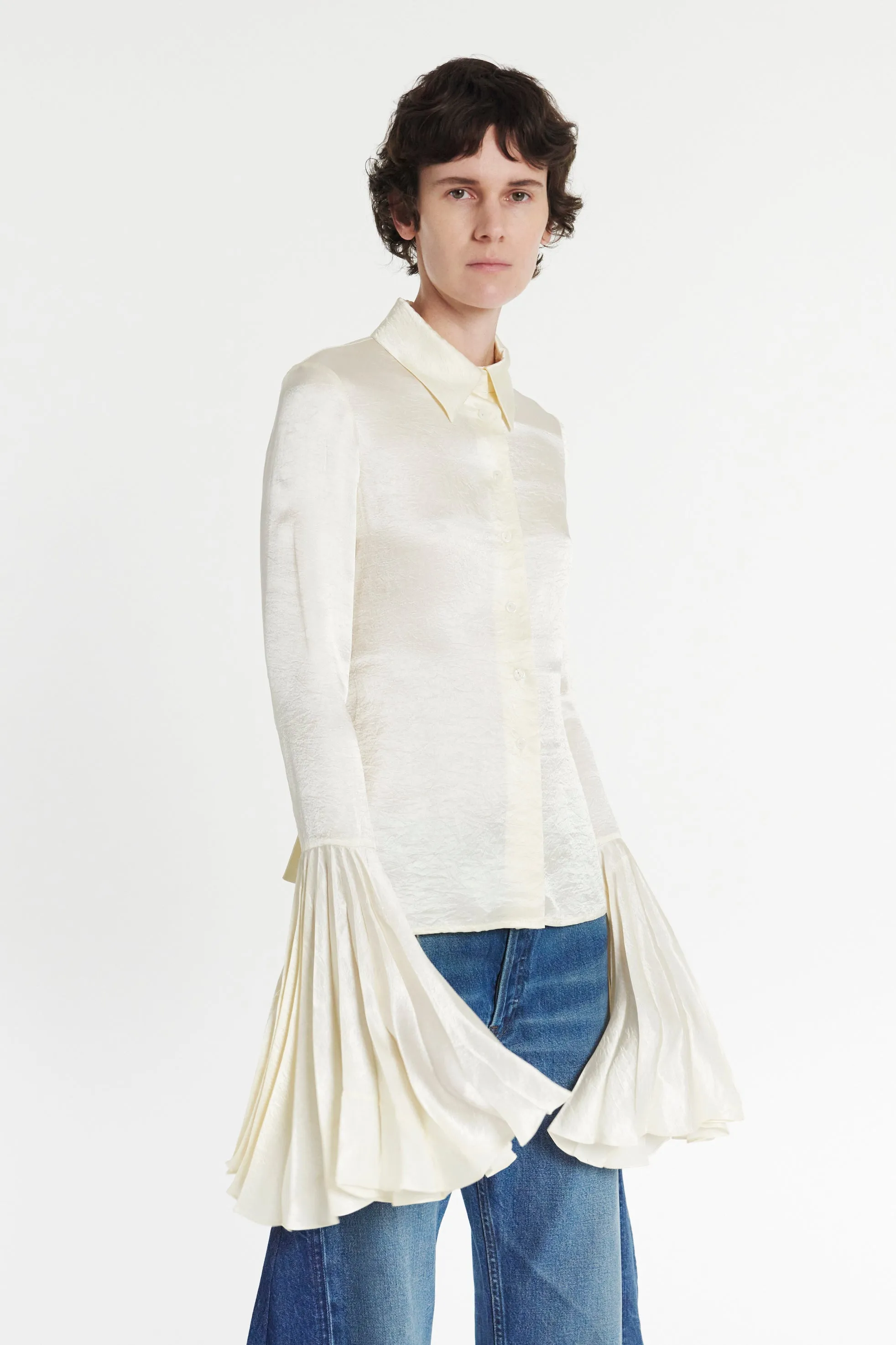 Satin Shirt With Pleated Bell Sleeves Ivory