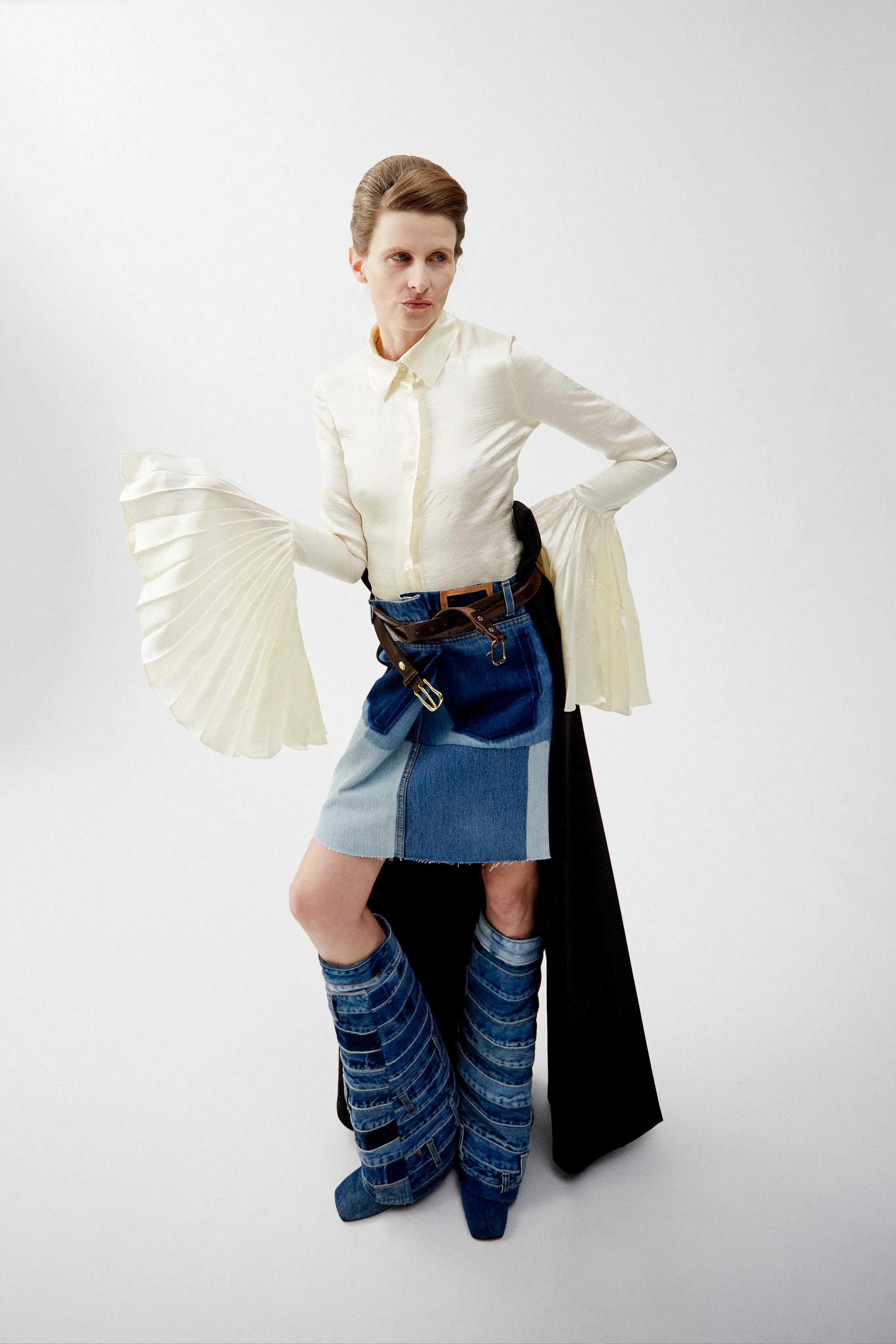 Satin Shirt With Pleated Bell Sleeves Ivory