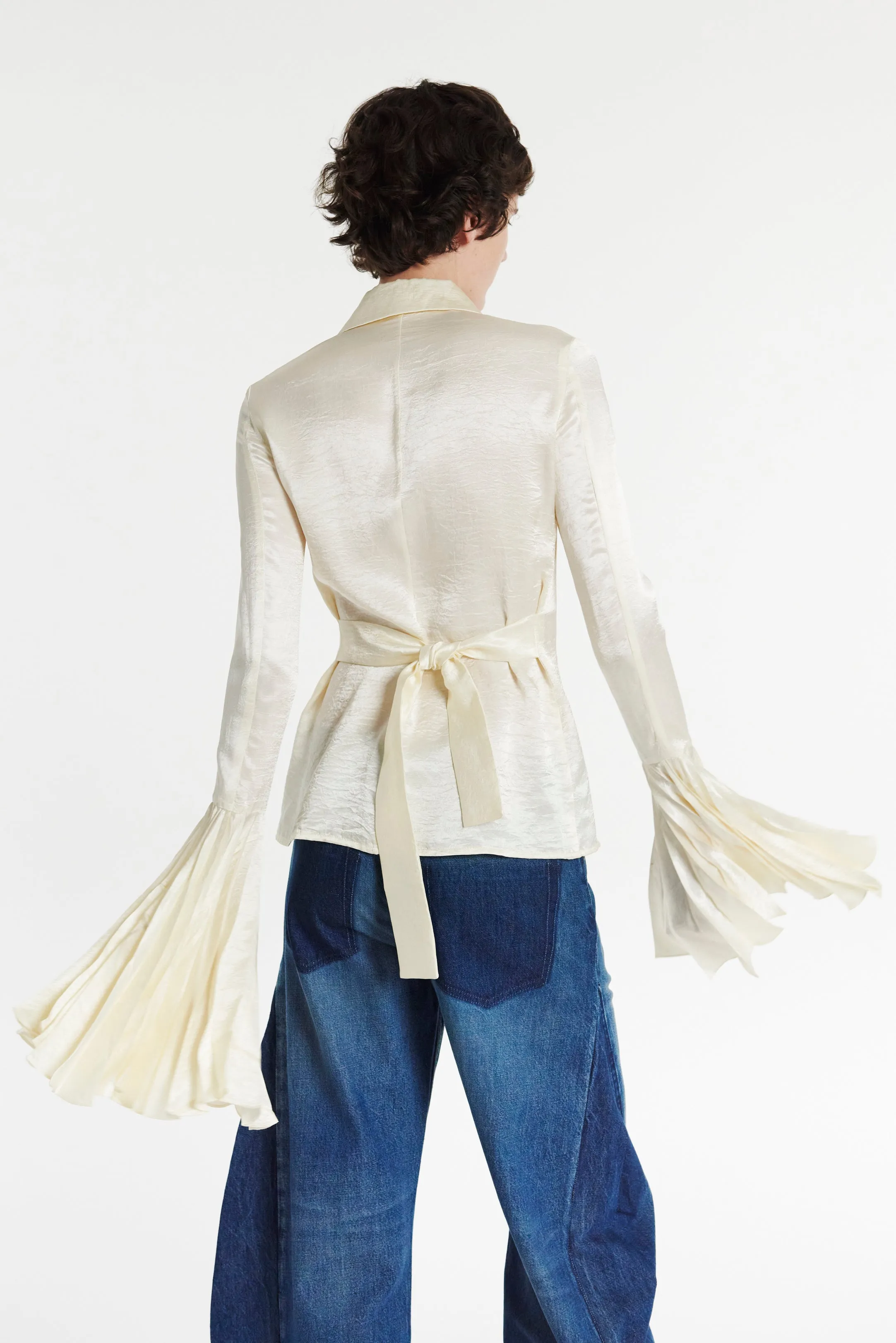Satin Shirt With Pleated Bell Sleeves Ivory