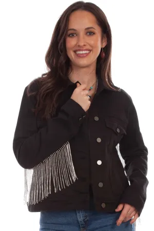 Scully Womens Black Cotton Blend Rhinestone Fringe Denim Jacket XL