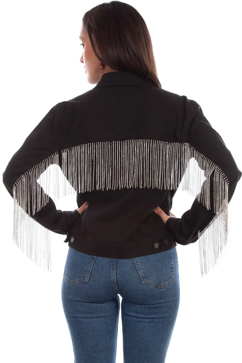 Scully Womens Black Cotton Blend Rhinestone Fringe Denim Jacket XL