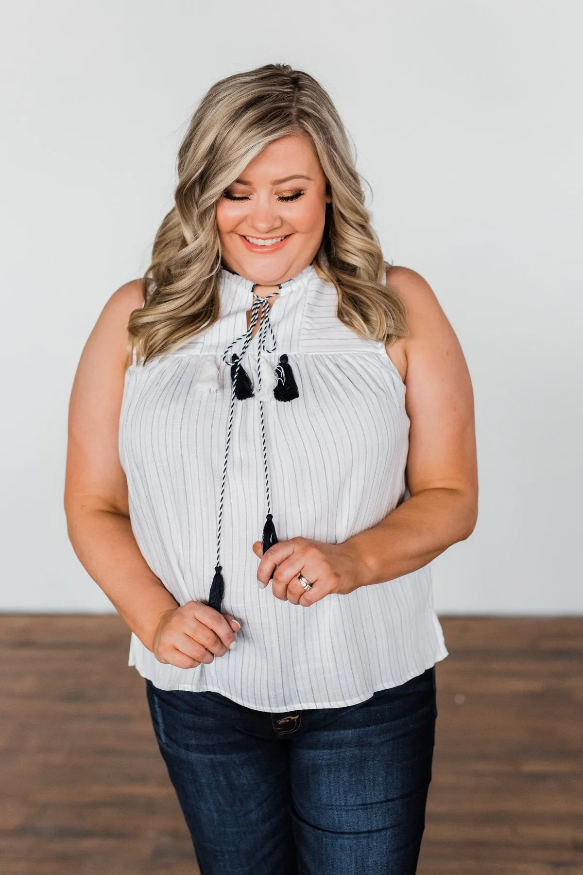 Secret Charm Striped Tassel Tank Top- Ivory & Navy