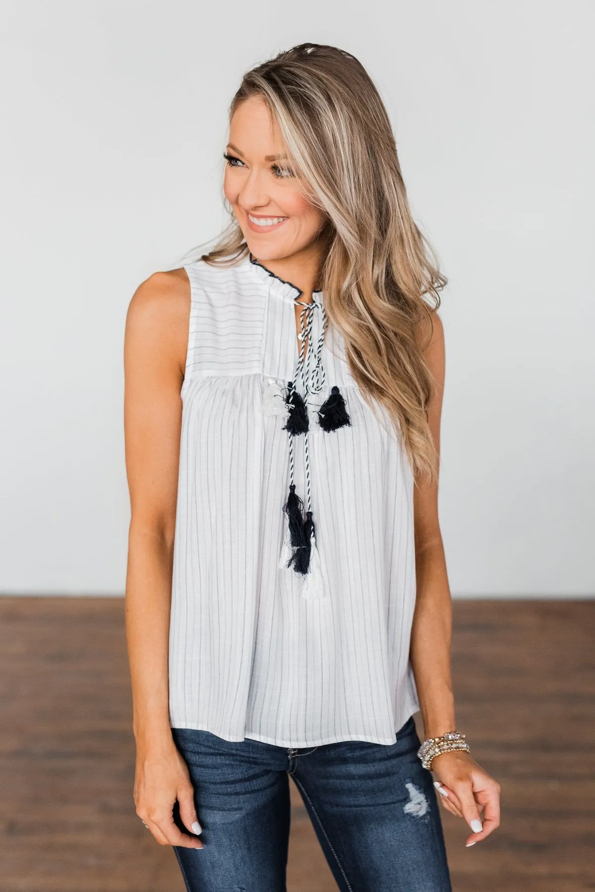 Secret Charm Striped Tassel Tank Top- Ivory & Navy