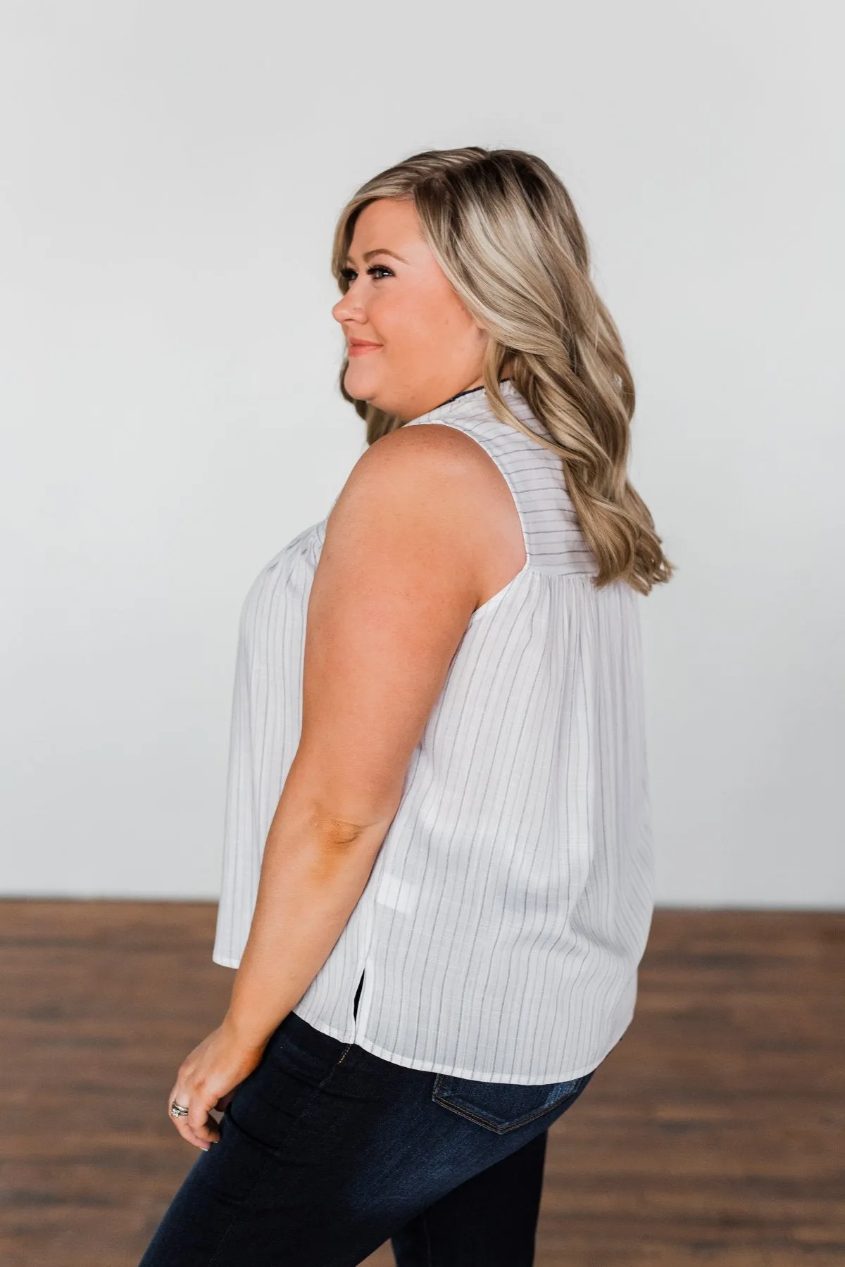 Secret Charm Striped Tassel Tank Top- Ivory & Navy