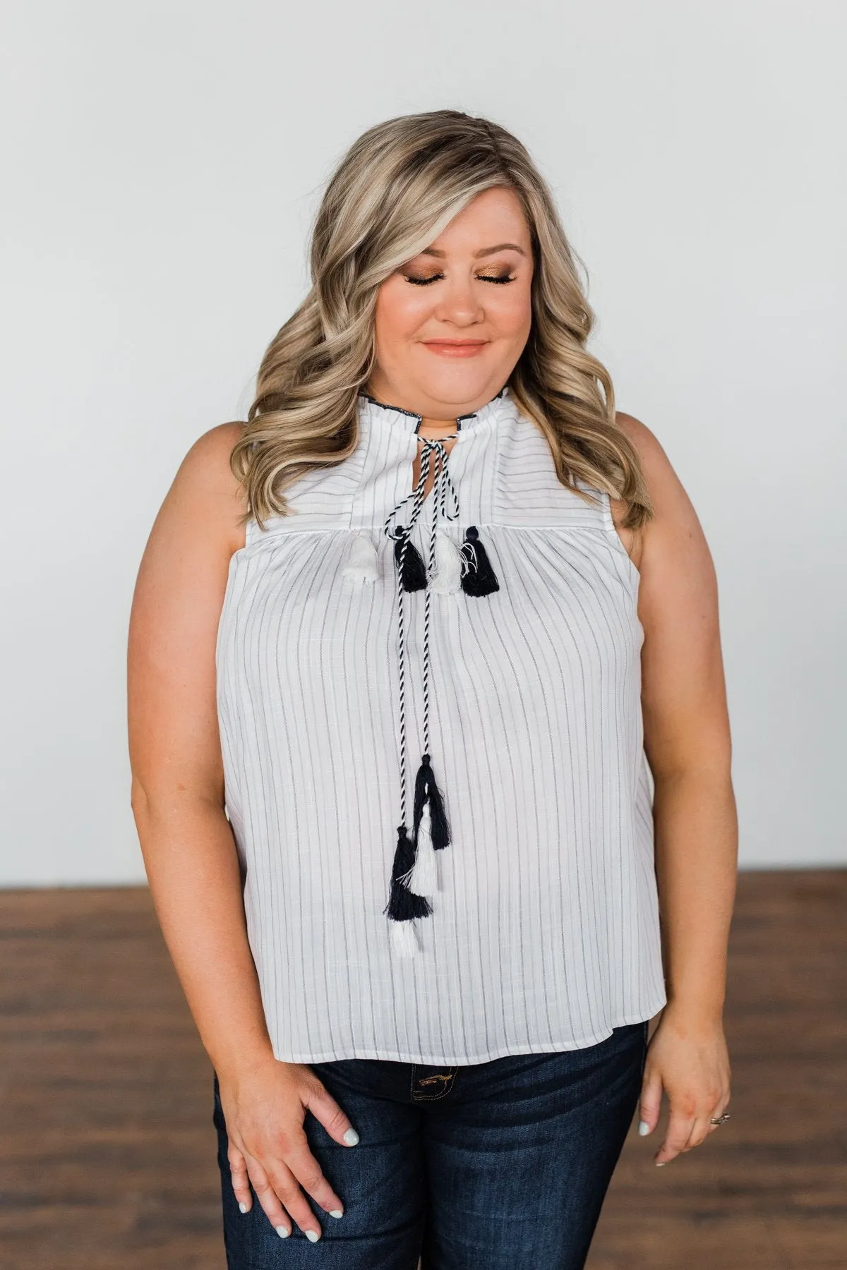 Secret Charm Striped Tassel Tank Top- Ivory & Navy