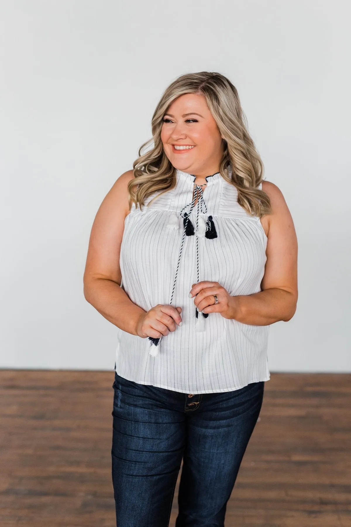 Secret Charm Striped Tassel Tank Top- Ivory & Navy